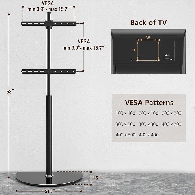 Rfiver Corner TV Floor Stand for 32-65 inch Flat Panel/Curved Screen TVs, Height Adjustable and Semi Circular Glass Base | TF1202