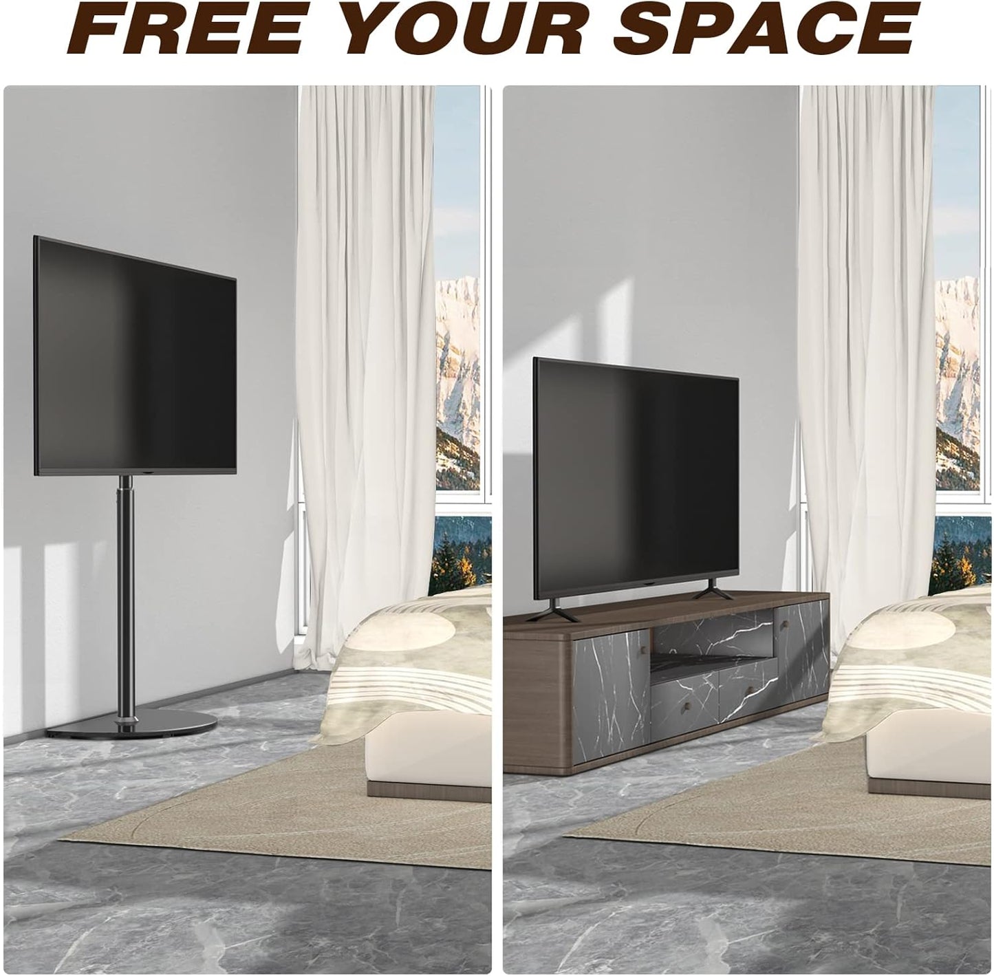 Rfiver Corner TV Floor Stand for 32-65 inch Flat Panel/Curved Screen TVs, Height Adjustable and Semi Circular Glass Base | TF1202