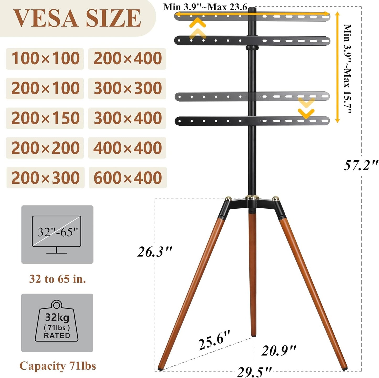 Tripod TV Floor Stand for 32–65 Inch Flat Screen TVs
