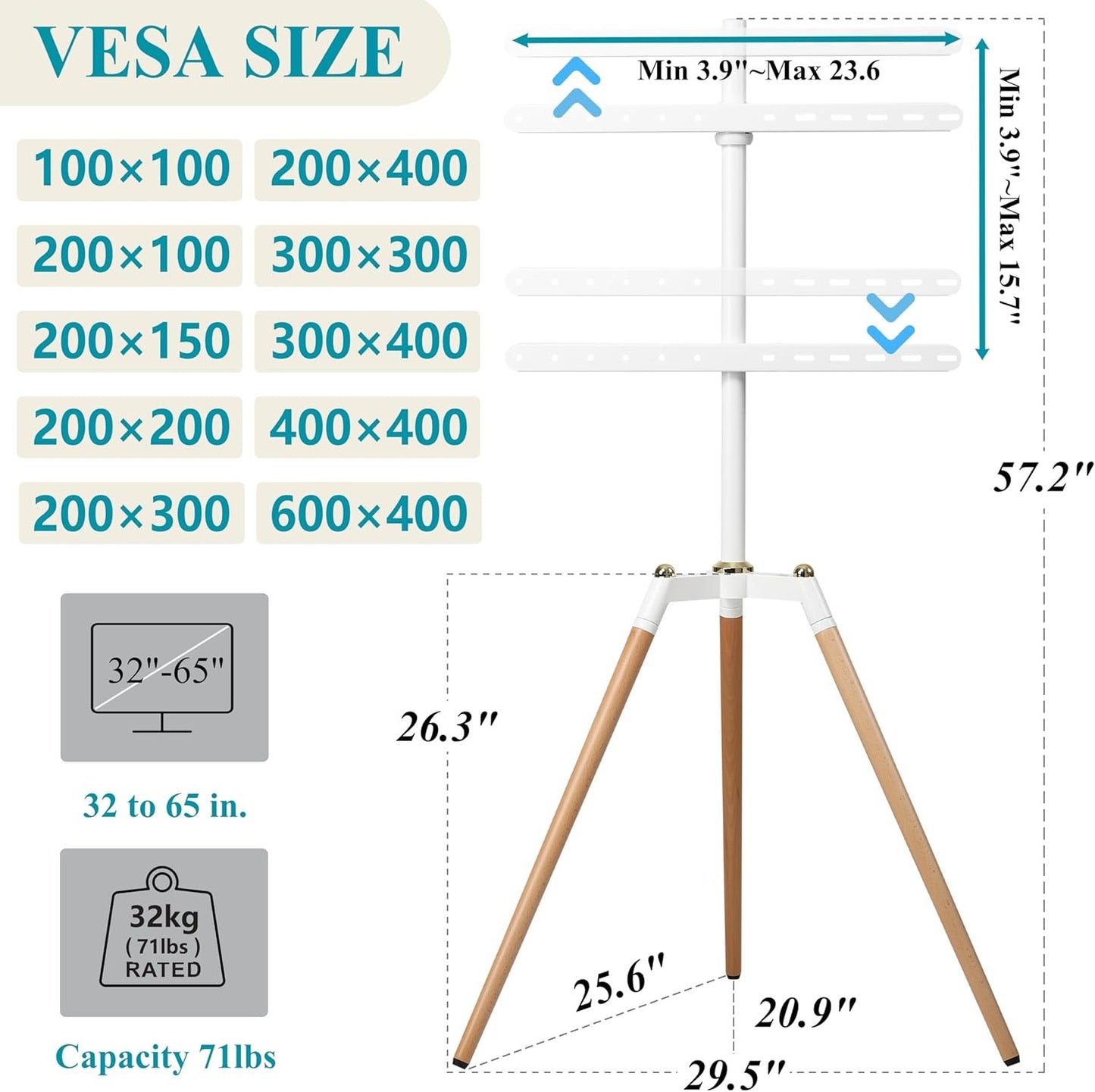 Tripod TV Floor Stand for 32–65 Inch Flat Screen TVs