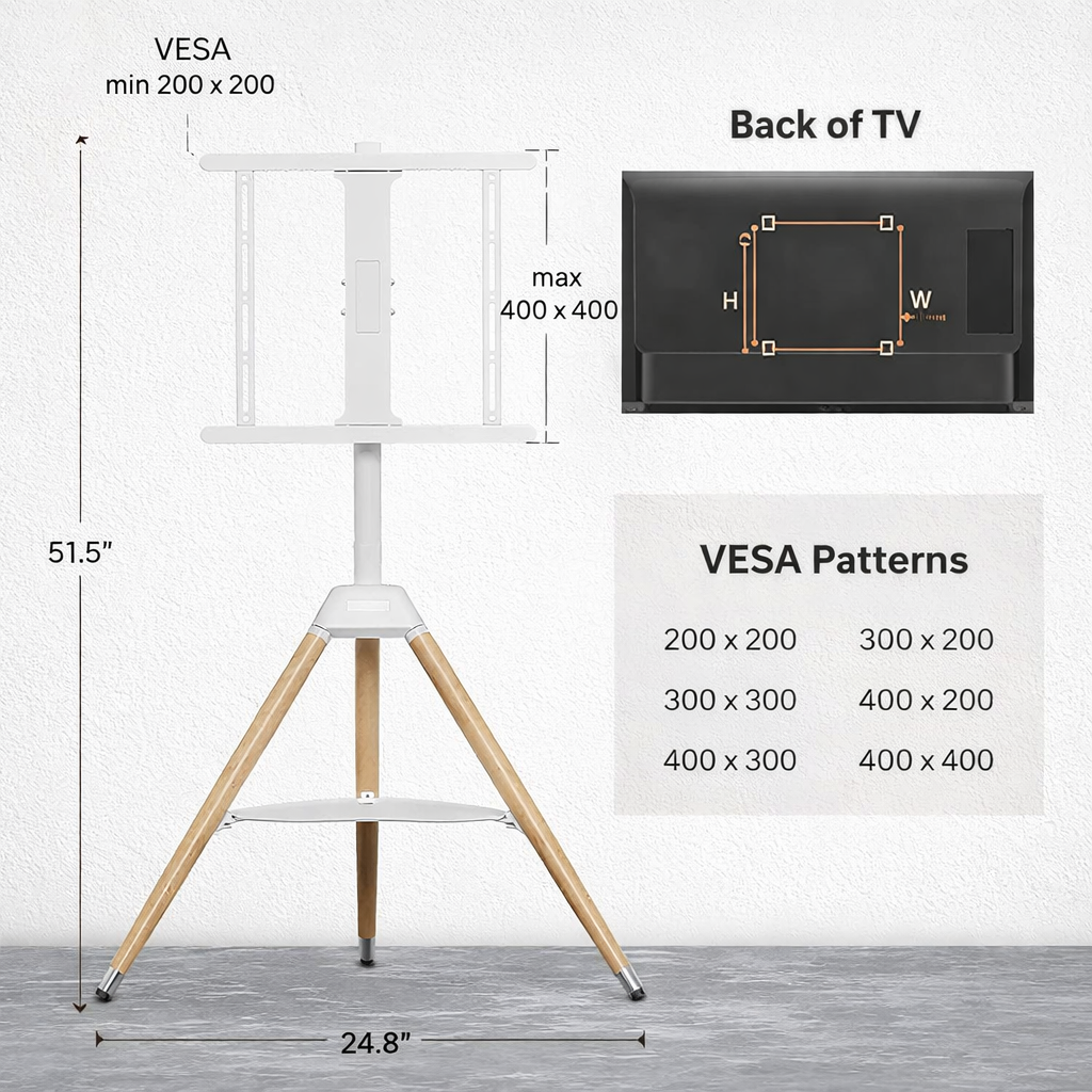 Tripod TV Floor Stand with Wooden Legs for 32–65 Inch Flat Screen TVs