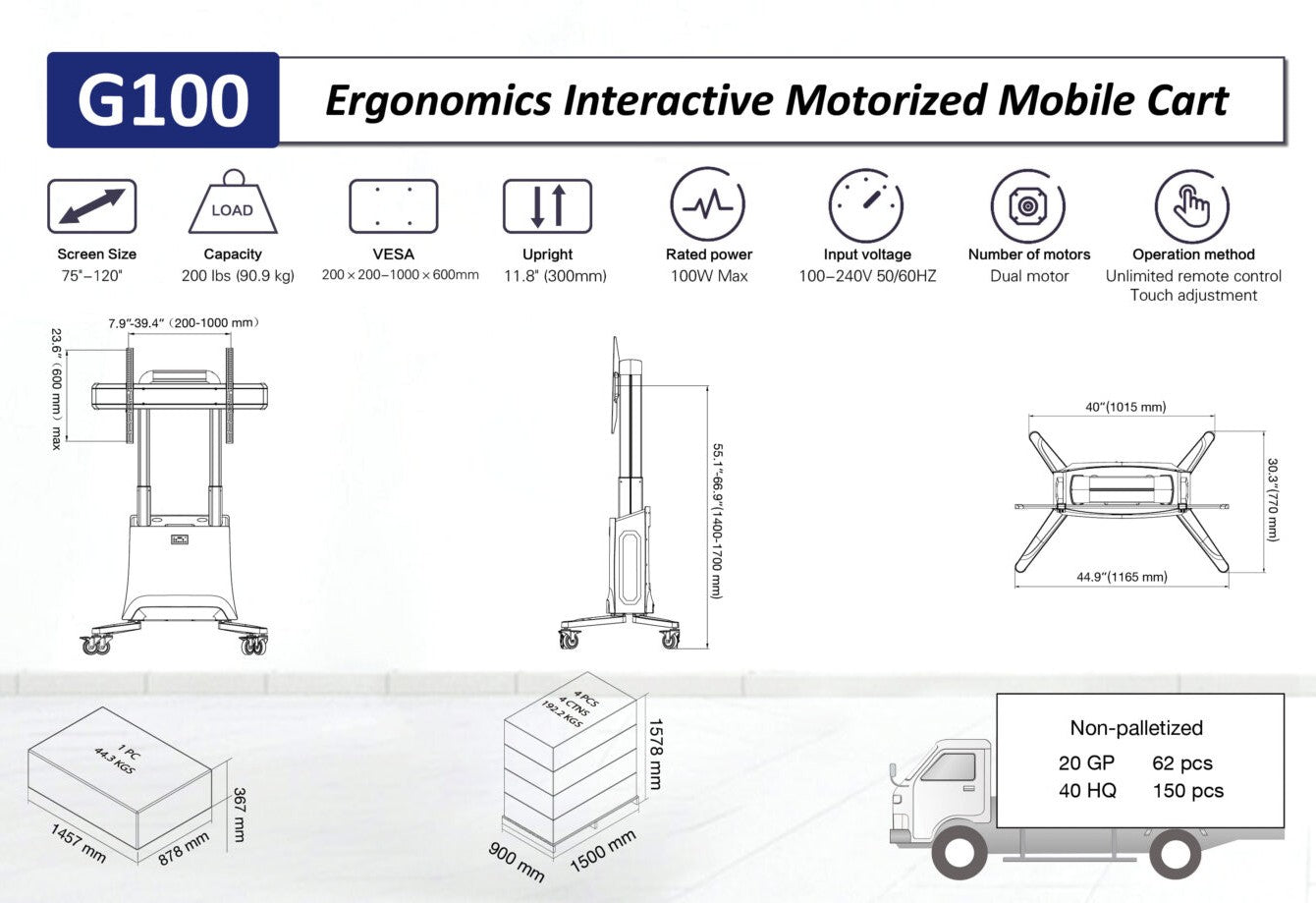 Motorized Height Adjustable TV Cart for 75–120 Inch Displays