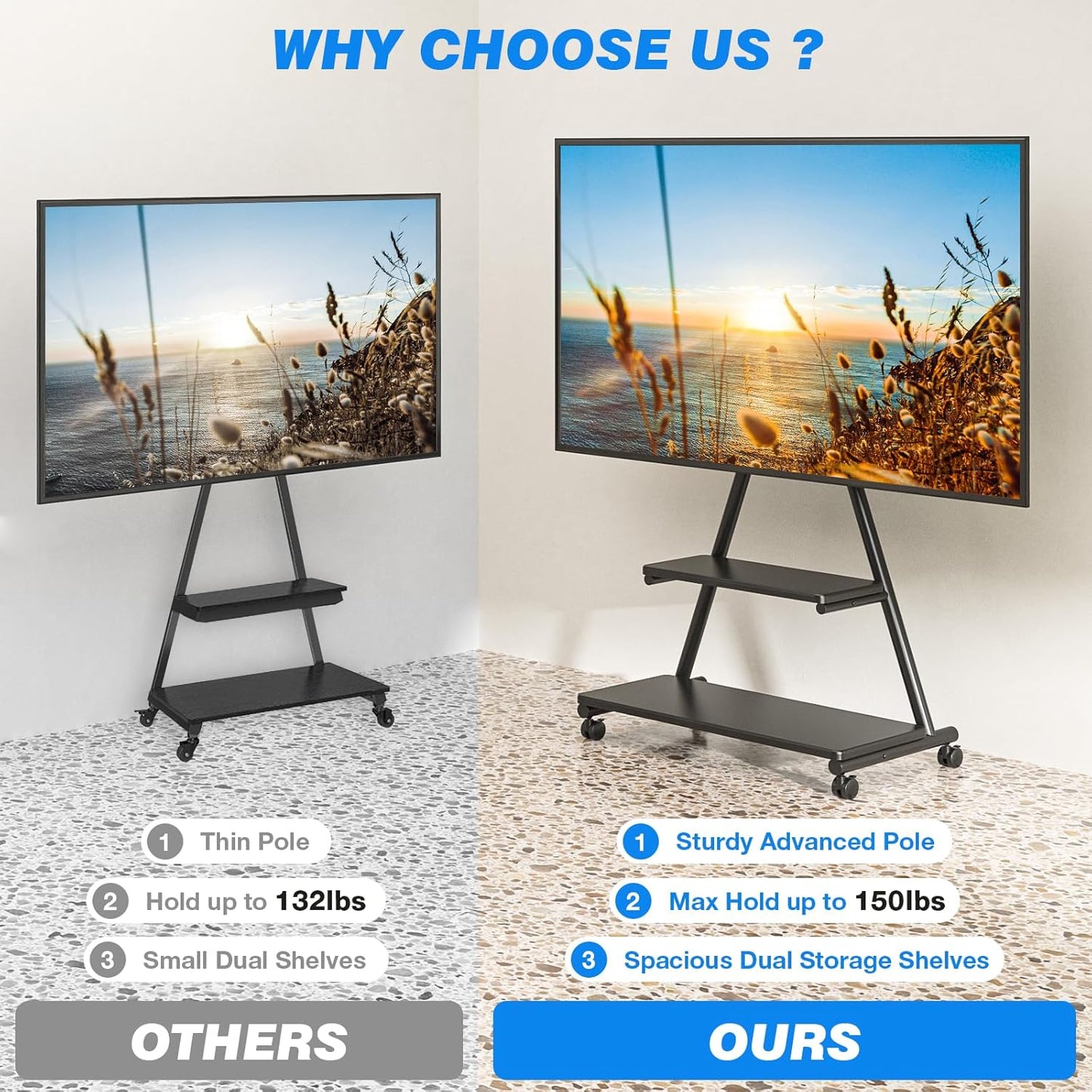 Heavy Duty Rolling TV Stand for 43-80 Inch TV