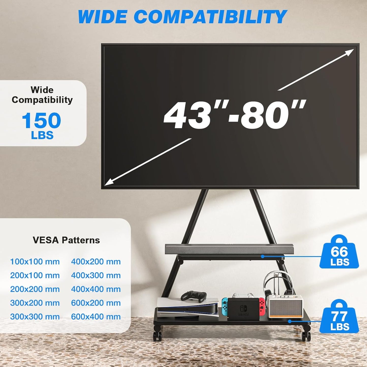 Heavy Duty Rolling TV Stand for 43-80 Inch TV