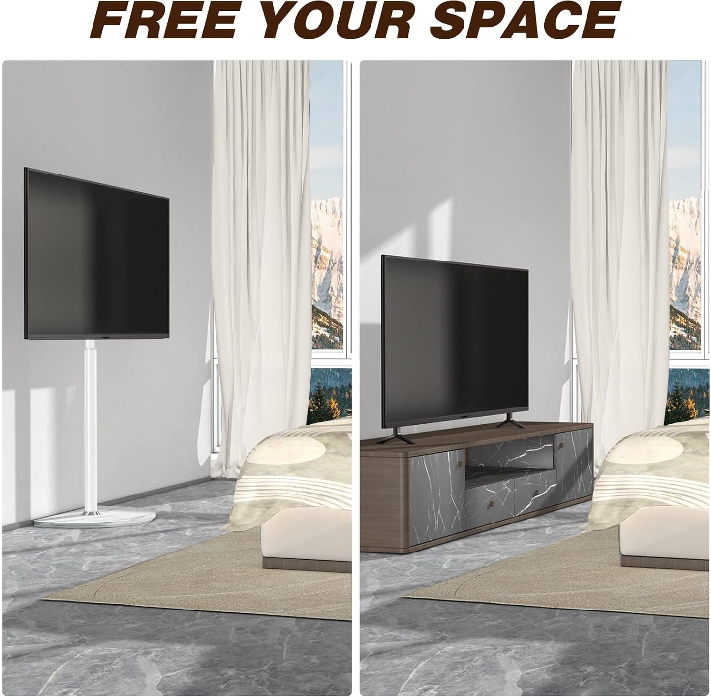 Rfiver Corner TV Floor Stand for 32-65 inch Flat Panel/Curved Screen TVs, Height Adjustable and Semi Circular Glass Base | TF1202