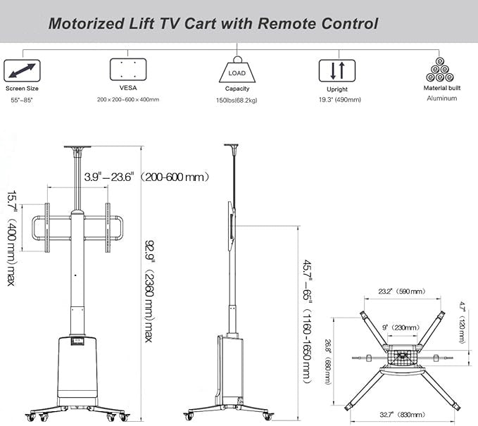 Motorized TV Stand With Wheels for 55″ to 85″ TV