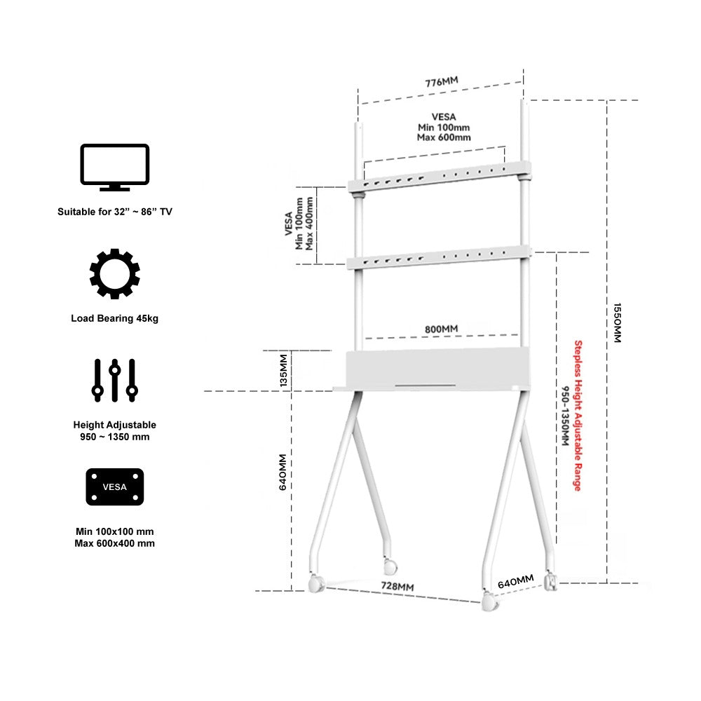 Mobile TV Stand for 32–86 Inch Flat Screen TVs