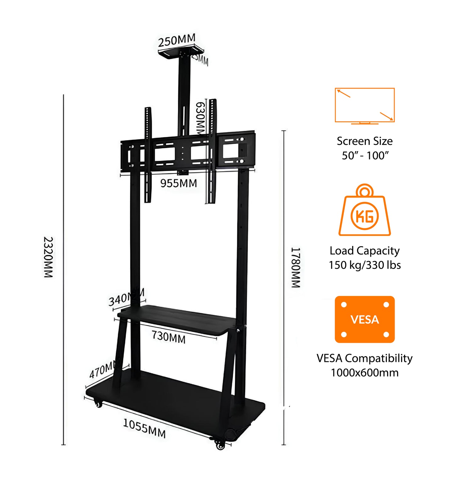 Mobile TV Stand with Wheels for 50”-100” TV