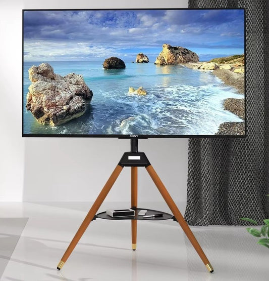 Tripod TV Floor Stand with Wooden Legs for 32–65 Inch Flat Screen TVs