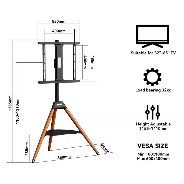 Tripod TV Floor Stand with Wooden Legs for 32–65 Inch Flat Screen TVs
