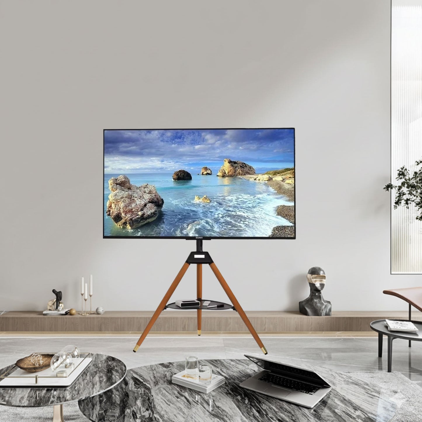Tripod TV Floor Stand with Wooden Legs for 32–65 Inch Flat Screen TVs