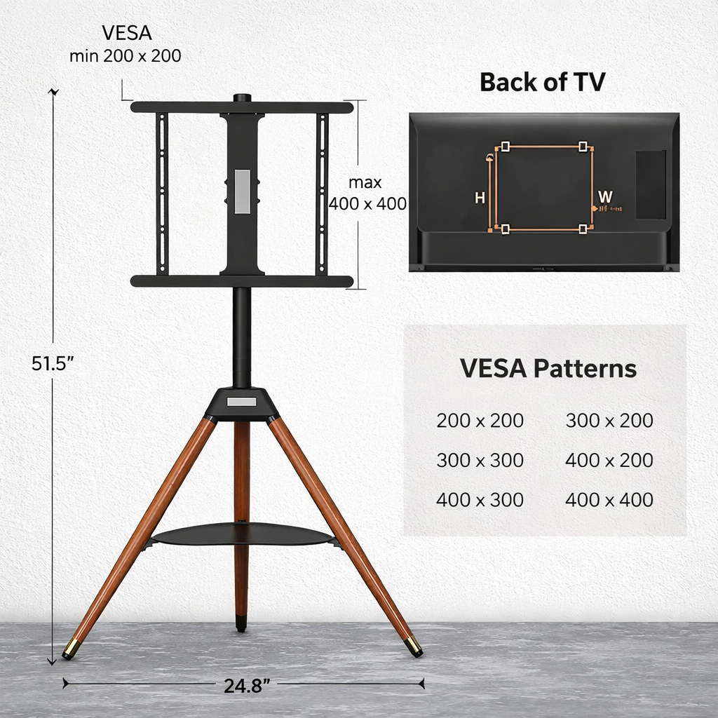 Tripod TV Floor Stand with Wooden Legs for 32–65 Inch Flat Screen TVs