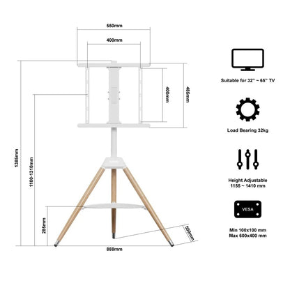 Tripod TV Floor Stand with Wooden Legs for 32–65 Inch Flat Screen TVs