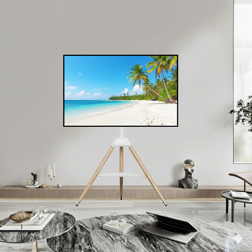Tripod TV Floor Stand with Wooden Legs for 32–65 Inch Flat Screen TVs