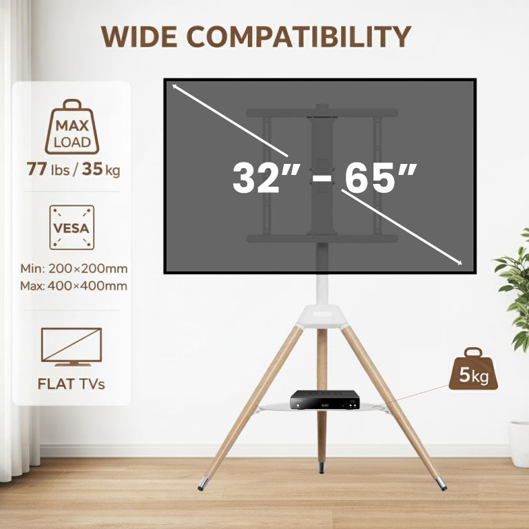 Tripod TV Floor Stand with Wooden Legs for 32–65 Inch Flat Screen TVs