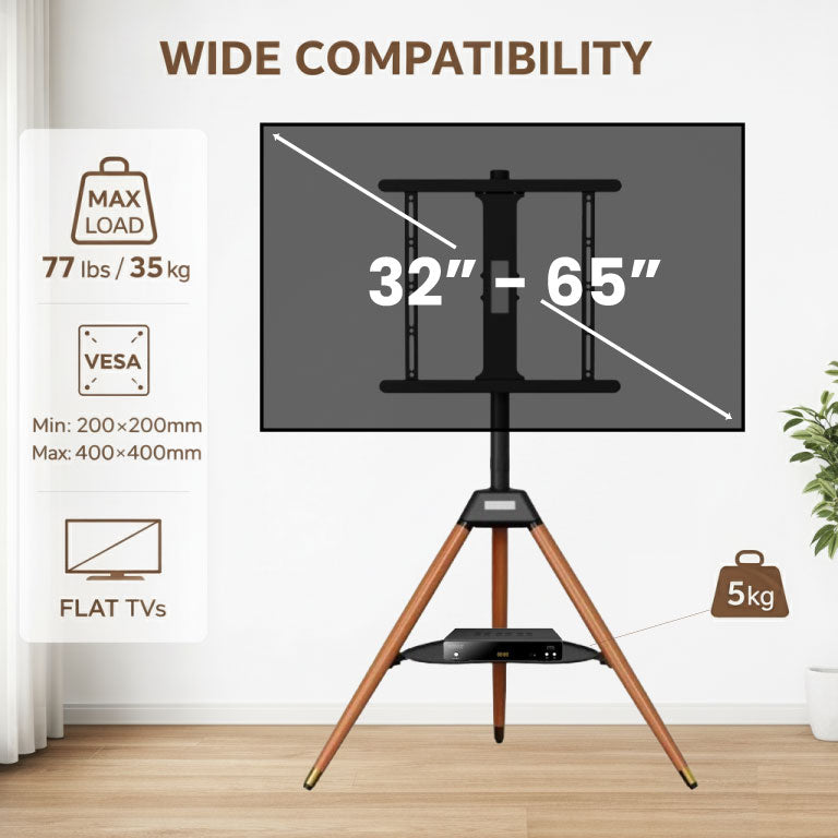 Tripod TV Floor Stand with Wooden Legs for 32–65 Inch Flat Screen TVs