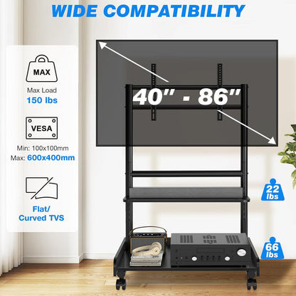 Heavy Duty Rolling TV Stand with Wheels for Most 40-86 Inch TV