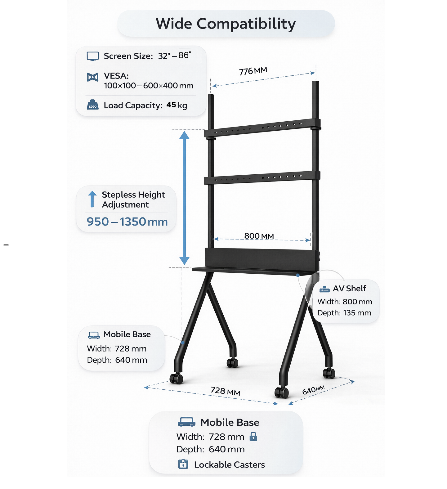 Mobile TV Stand for 32–86 Inch Flat Screen TVs