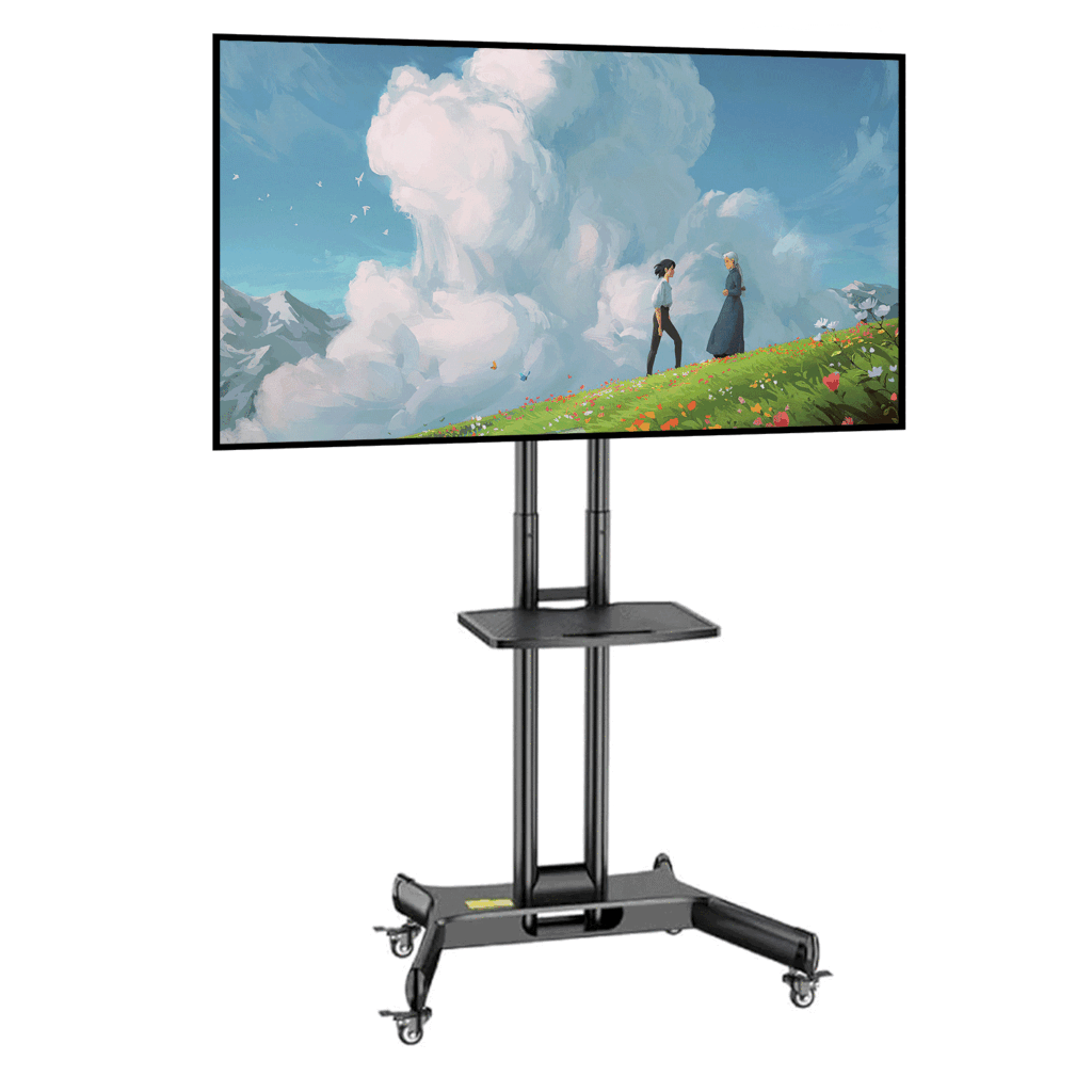 BEETEC mobile TV stand for 32–65" TVs with 90° rotation and equipment shelf