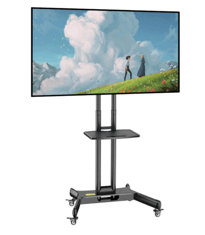BEETEC mobile TV stand for 32–65" TVs with 90° rotation and equipment shelf